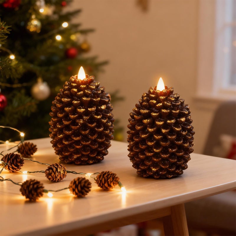 Eldnacele Pine Cone Flameless Candles Battery Operated with 6 Hour Timer Unscented Real Wax Flat Wick Flickering Pinecone LED Candles Christmas Home Holiday Decoration(2 Pack Brown) - Image 5